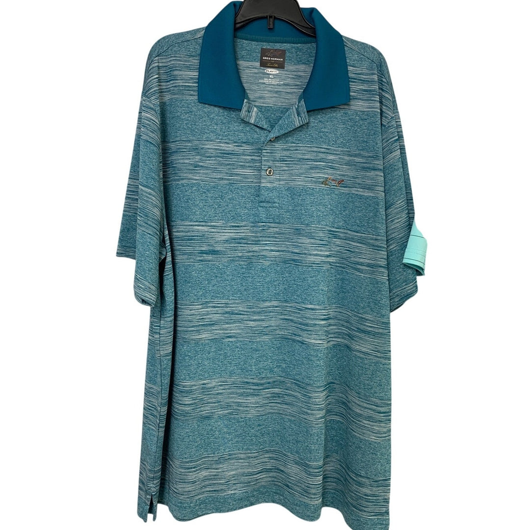 Lot of 2 Greg Norman Tasso Elba Men XL Blue Striped Short Sleeve Polo Shirts EUC