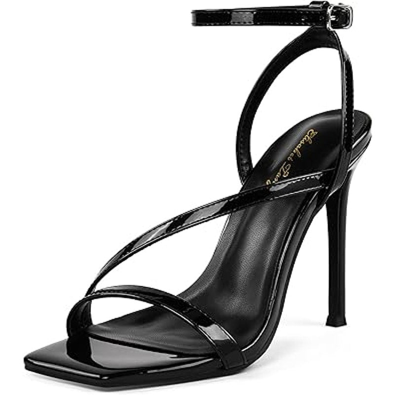 Elisabet Tang Womens 9.5 Shiny Black 5" Stiletto Heel Open Toe Ankle Strap Shoes