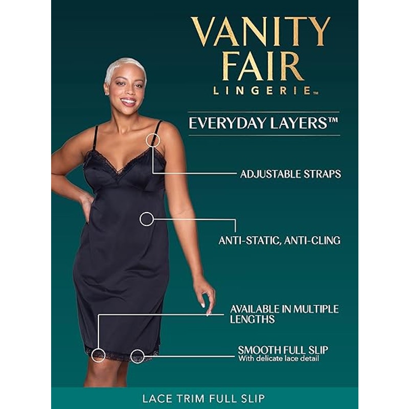 Vanity Fair Womens Large White Lace Trim Anti Static Nylon Adjustable Slip Dress