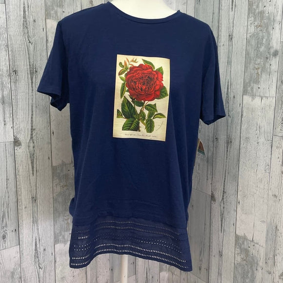New Hand Printed Upcycled Womens Large Vintage Book Page Red Rose Flower Tee