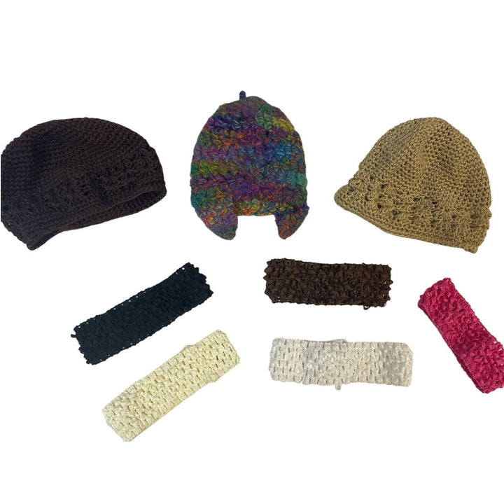 Lot of 8 Baby Girls Headbands Crochet Yarn Hand Knit Caps Hats Beanies