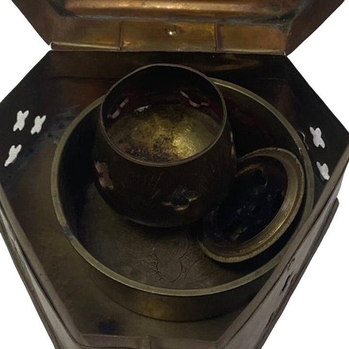 Vintage Made In India Flower Etched Metal Incense Burner Latched Box Set