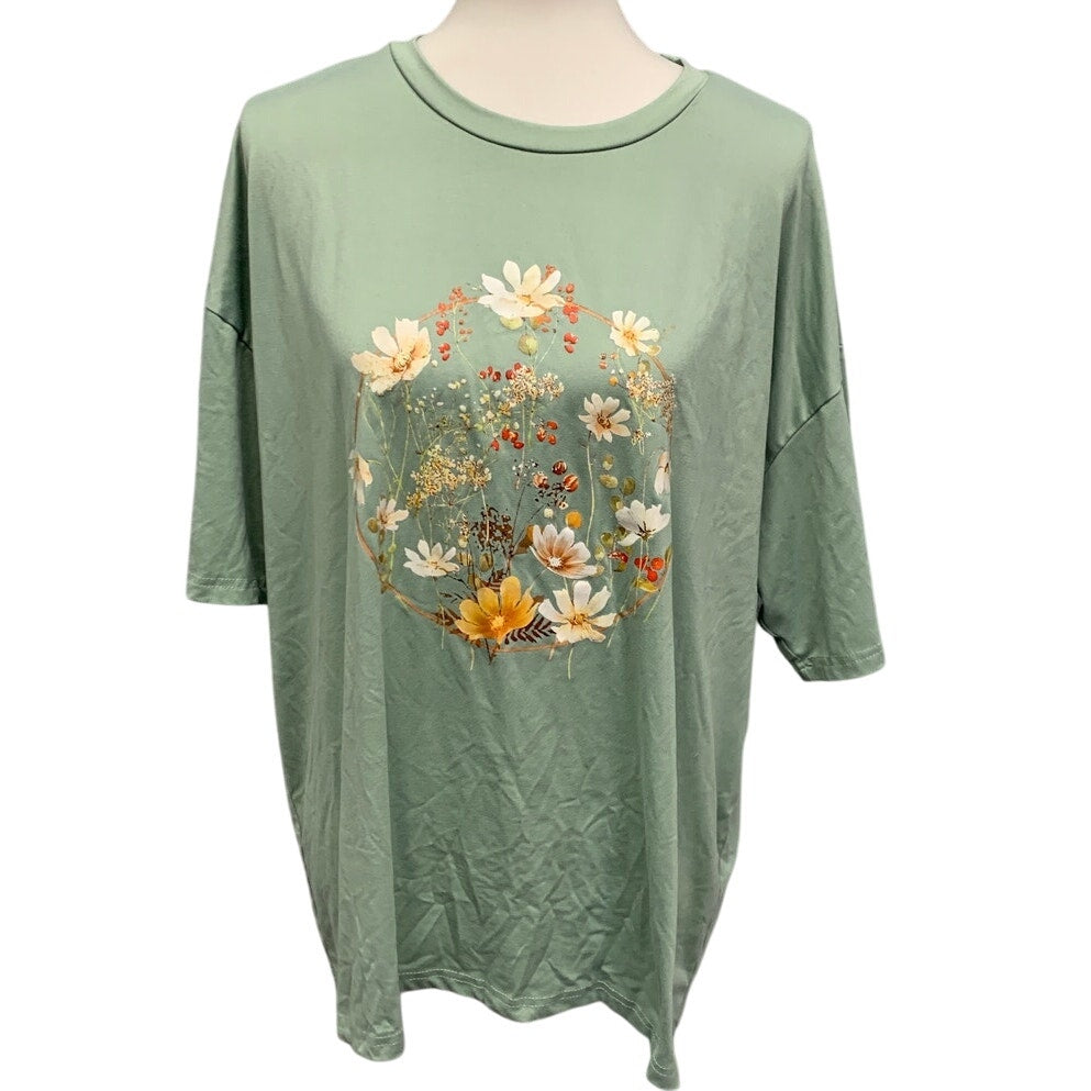 SHEIN Womens Large Polyester Blend Botanical Floral Short Sleeve Tee Shirt
