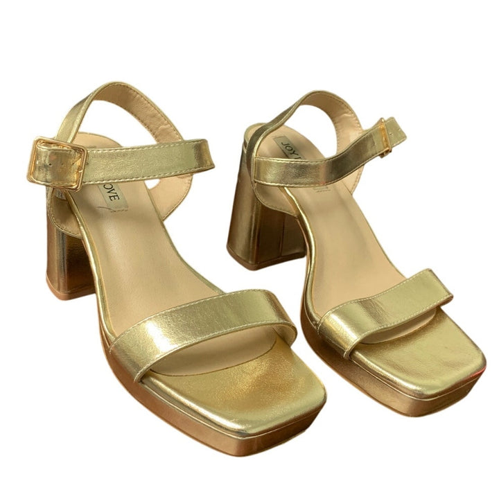 Joy In Love Women 7.5 Shiny Gold Open Toe 4" Block Heel Ankle Strap Sandal Shoes