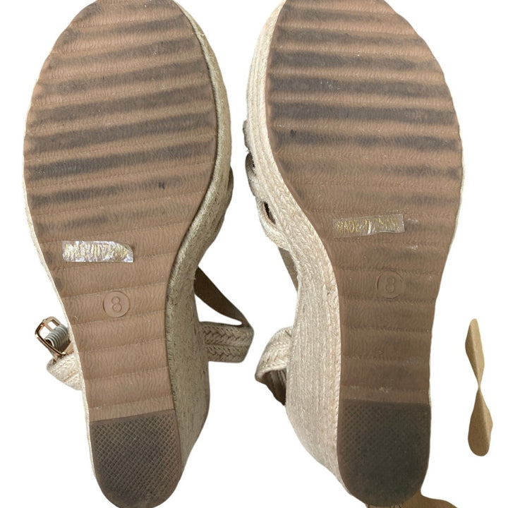 Mikarka Womens Size 8 Tan Straw Espadrille Open Toe 4" Wedge Heel Sandal Shoes