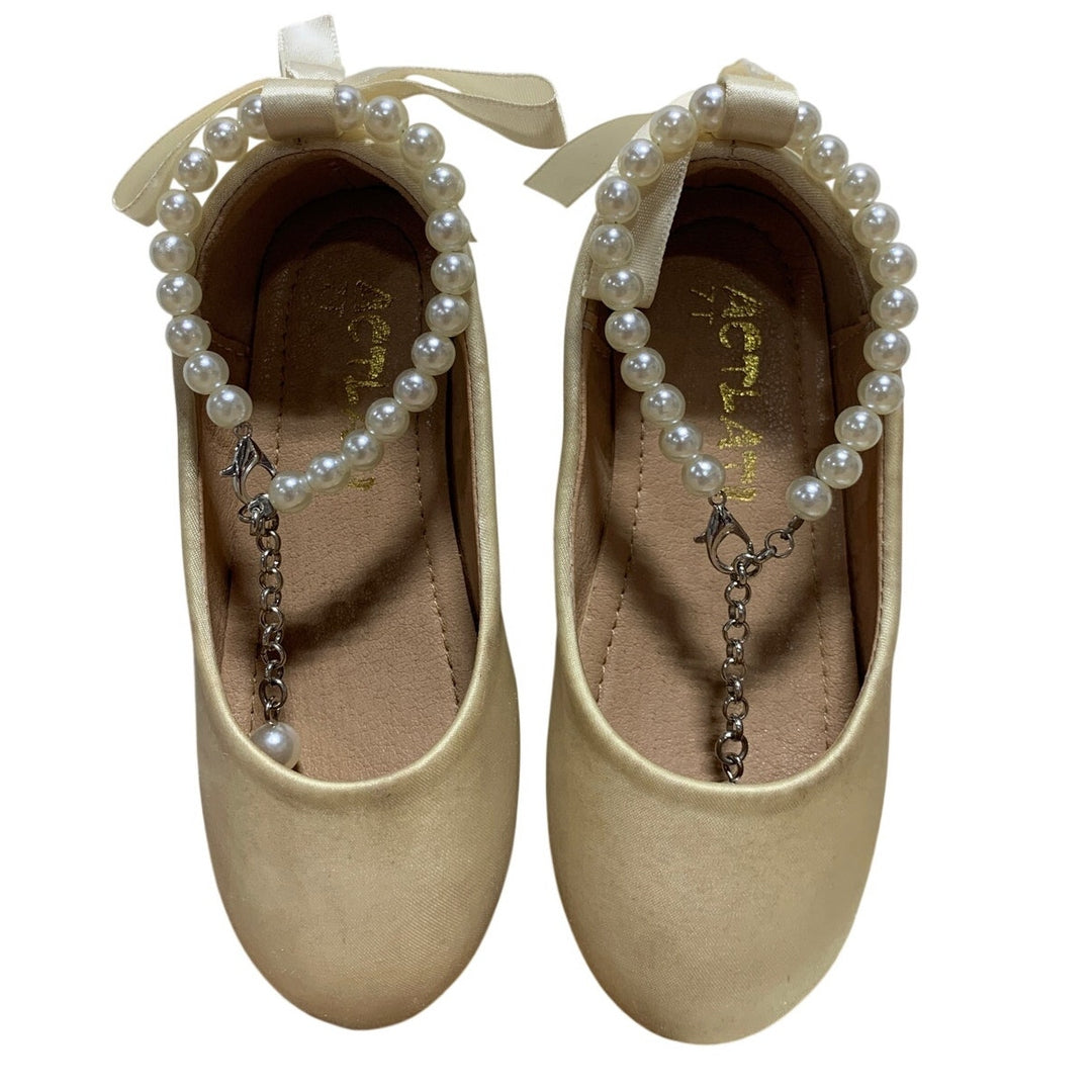 Actlati Toddler Girls 7 Cream Ballet Flats Pearl Ankle Strap Back Bow Shoes