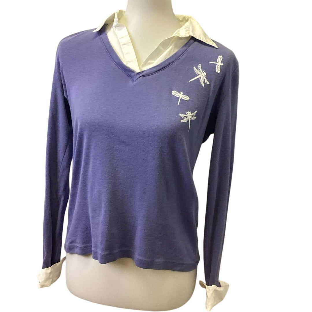 Hand Printed Upcycled Small Dragonfly V Neck Layered Look Long Sleeve Sweater