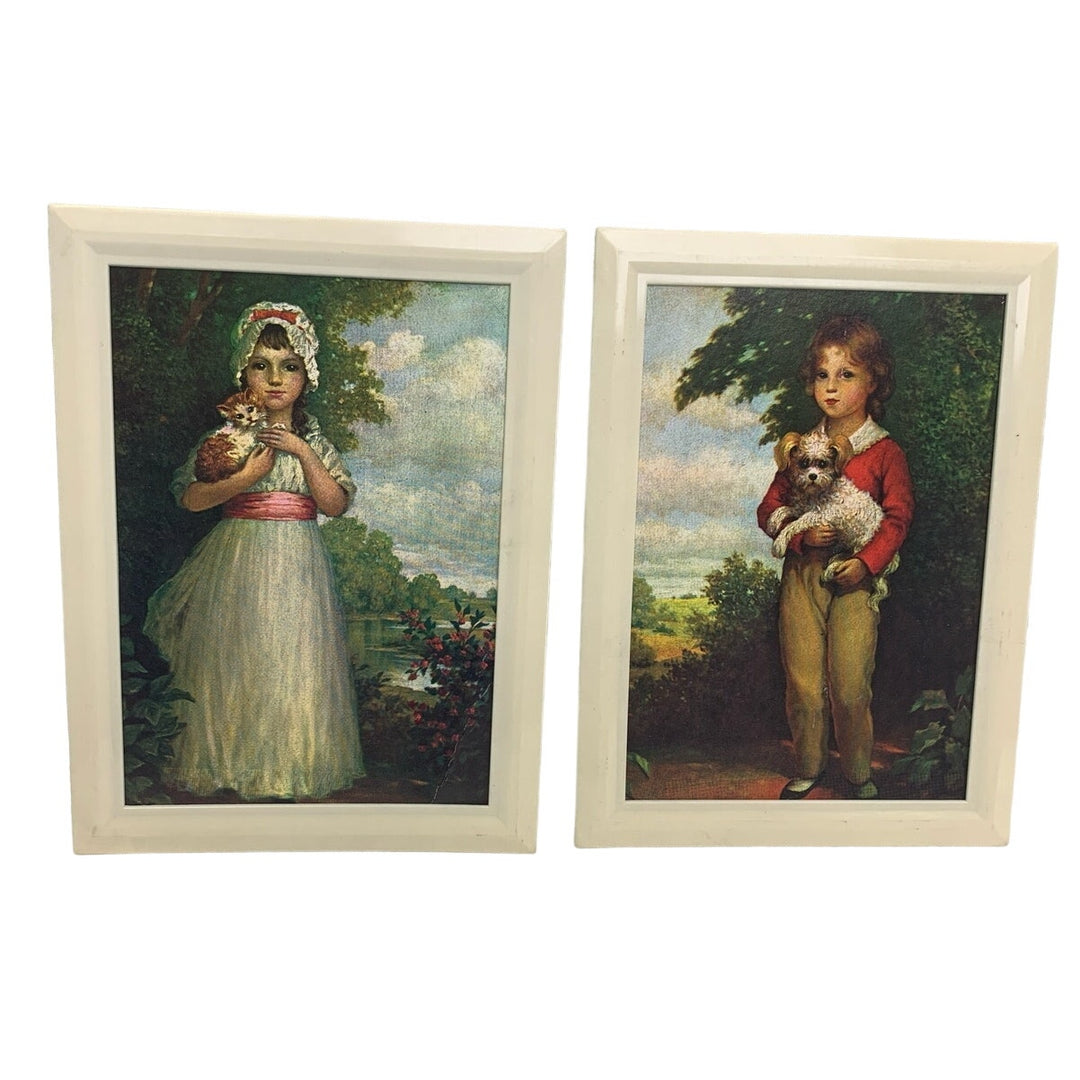 Vintage Pair of Framed Girl with Cat &amp; Boy with Dog Prints