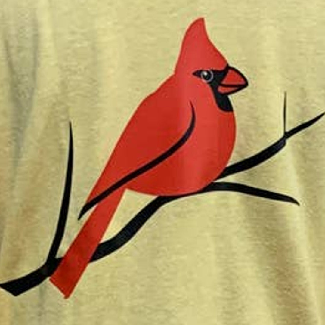 New Hand Printed Mens Large Red Cardinal Bird Short Sleeve PolyCotton T-Shirt