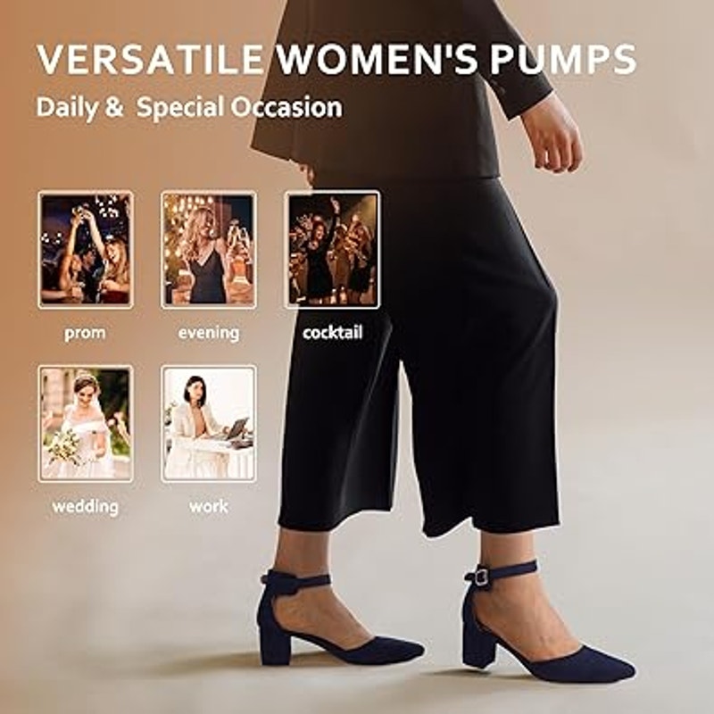Idifu Womens Size 6 Navy Faux Suede Closed Toe 2" Block Heel Ankle Strap Shoes