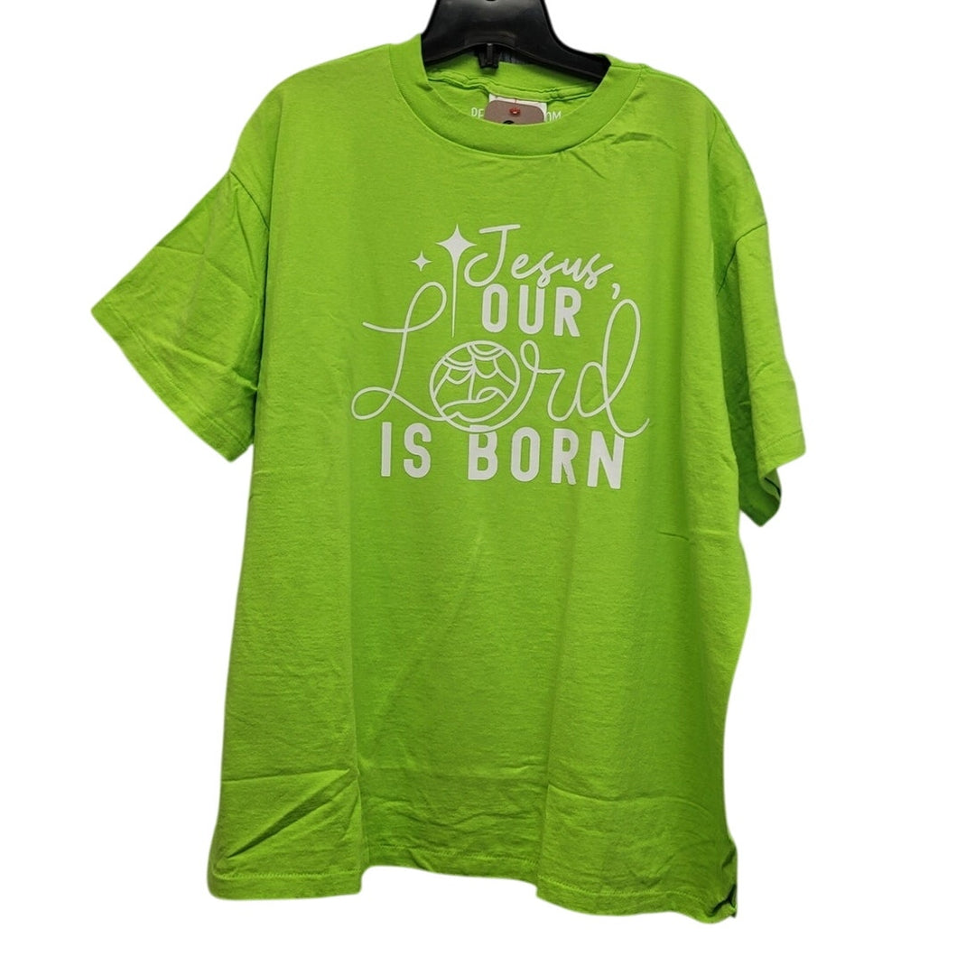 Hand Printed Upcycled Womens Large Jesus Our Lord Is Born Christmas Tee Shirt