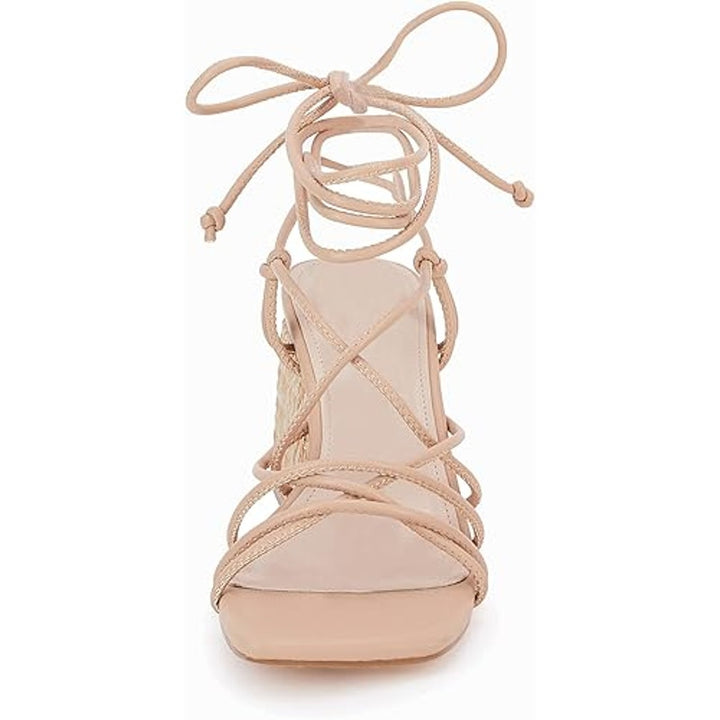 PiePieBuy Womens 9 Tan Gladiator Lace Up 3.5" Chunky Braided Heel Sandal Shoes