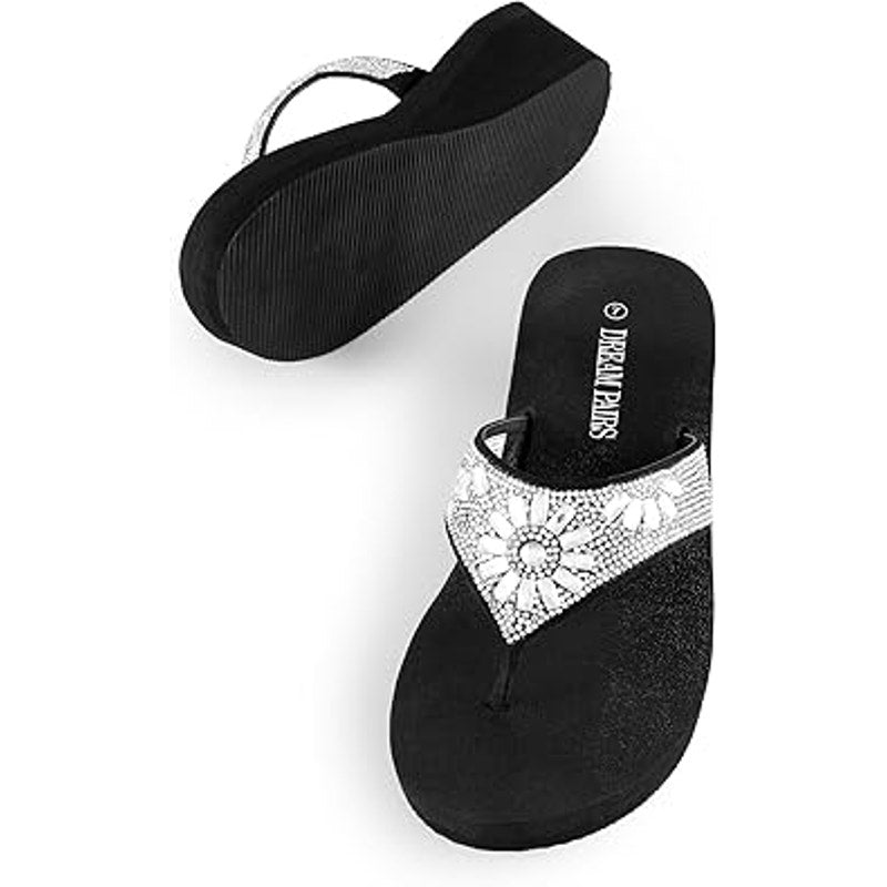 Dream Pairs Womens Size 7 Black Silver Rhinestone Platform Flip Flop Sandals