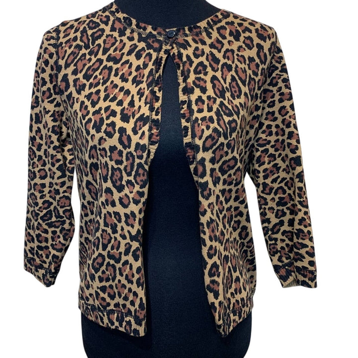 Ruby Rd Womens Small Leopard Spot Open Top Button Cotton Blend Cardigan Sweater