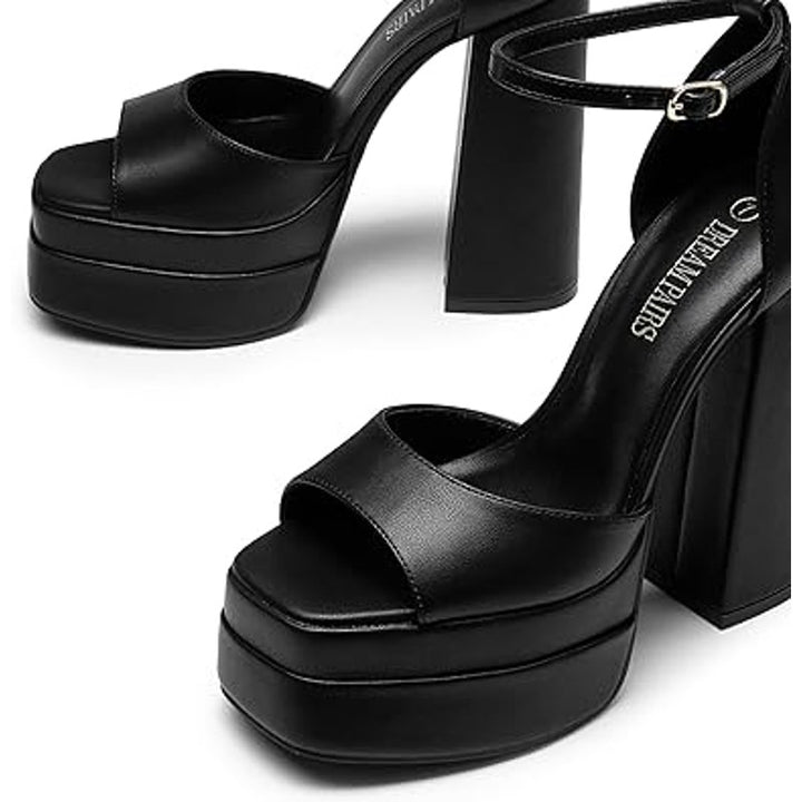 Dream Pairs Womens Size 10 Black Faux Leather 6" Platform Ankle Strap Heel Shoes