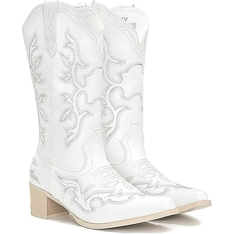 IUV Womens Size 8 White Faux Leather 2" Block Heel Pull On Western Cowboy Boots