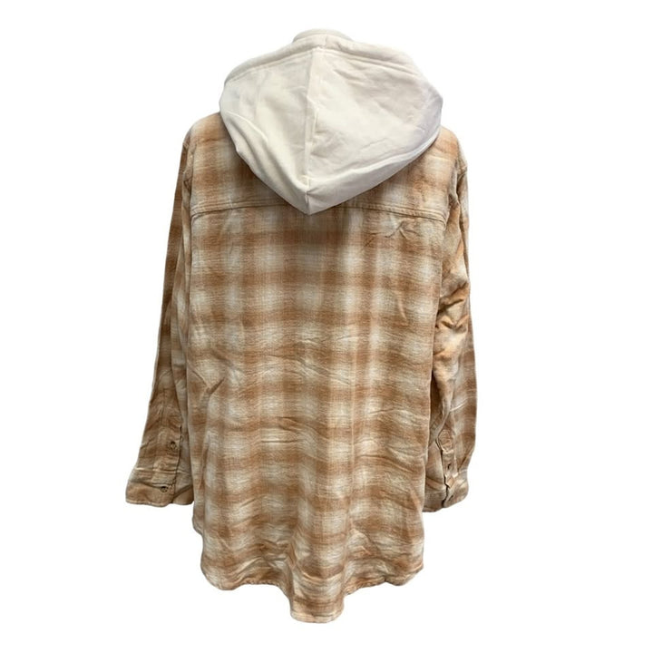 New Hand Printed Womens Large Blue Jay Bird Plaid Flannel Long Sleeve Hoodie