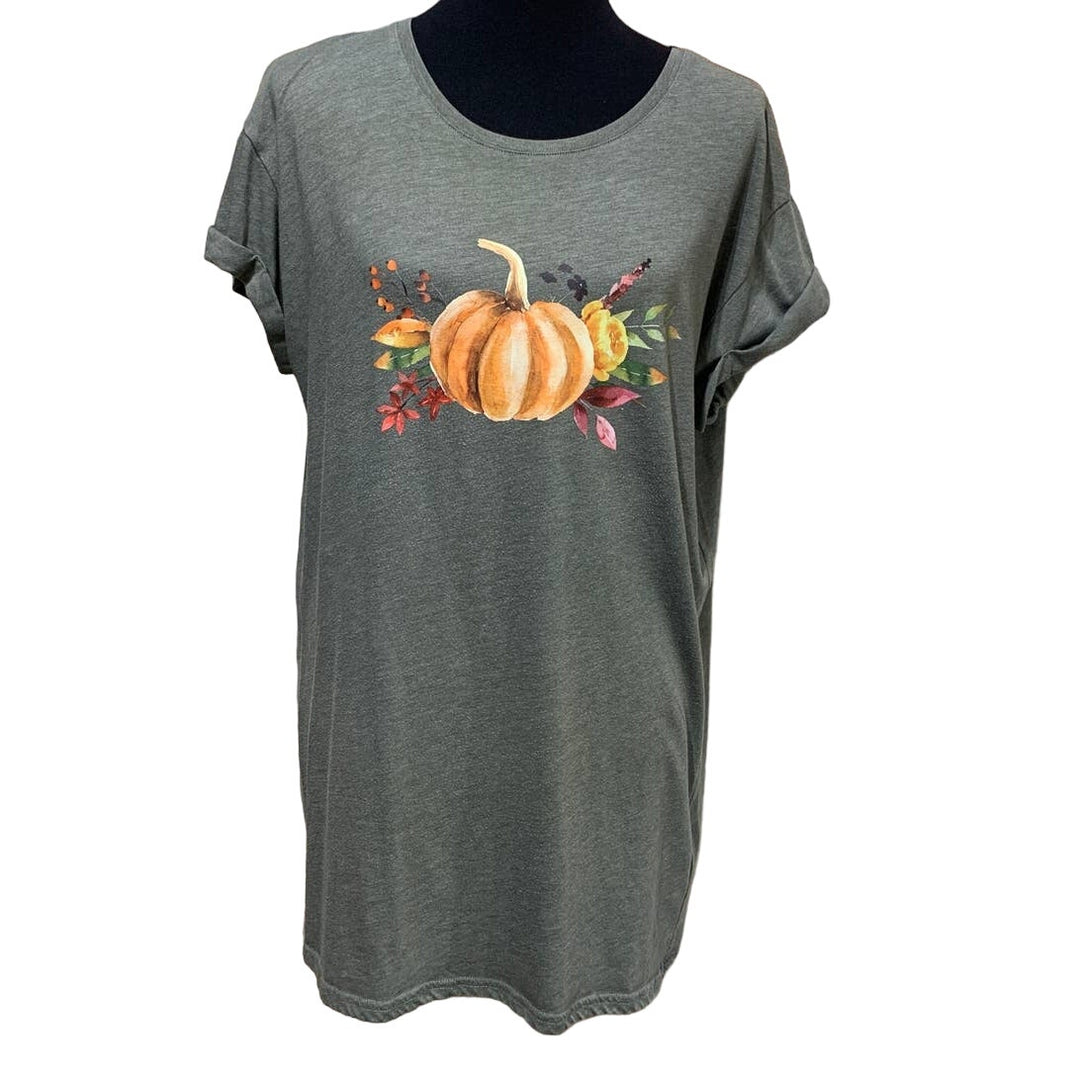 Hand Printed Upcycled Medium Pumpkin Autumn Fall Flower Bouquet Short Sleeve Tee