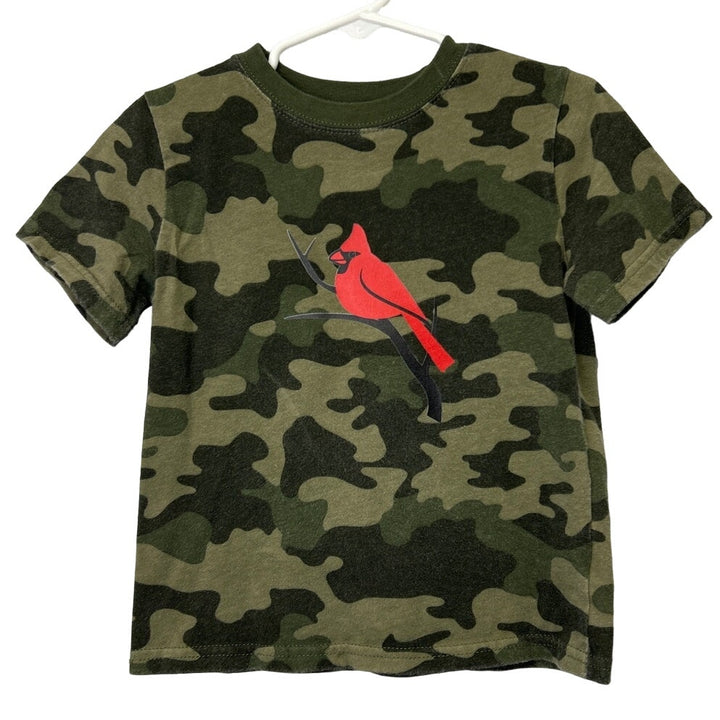 Hand Printed Upcycled Boys 3T Red Cardinal Bird Short Sleeve Camo Camouflage Tee