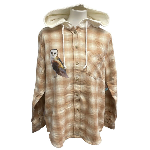 New Hand Printed Womens Small Woodland Owl Bird Long Sleeve Plaid Flannel Hoodie