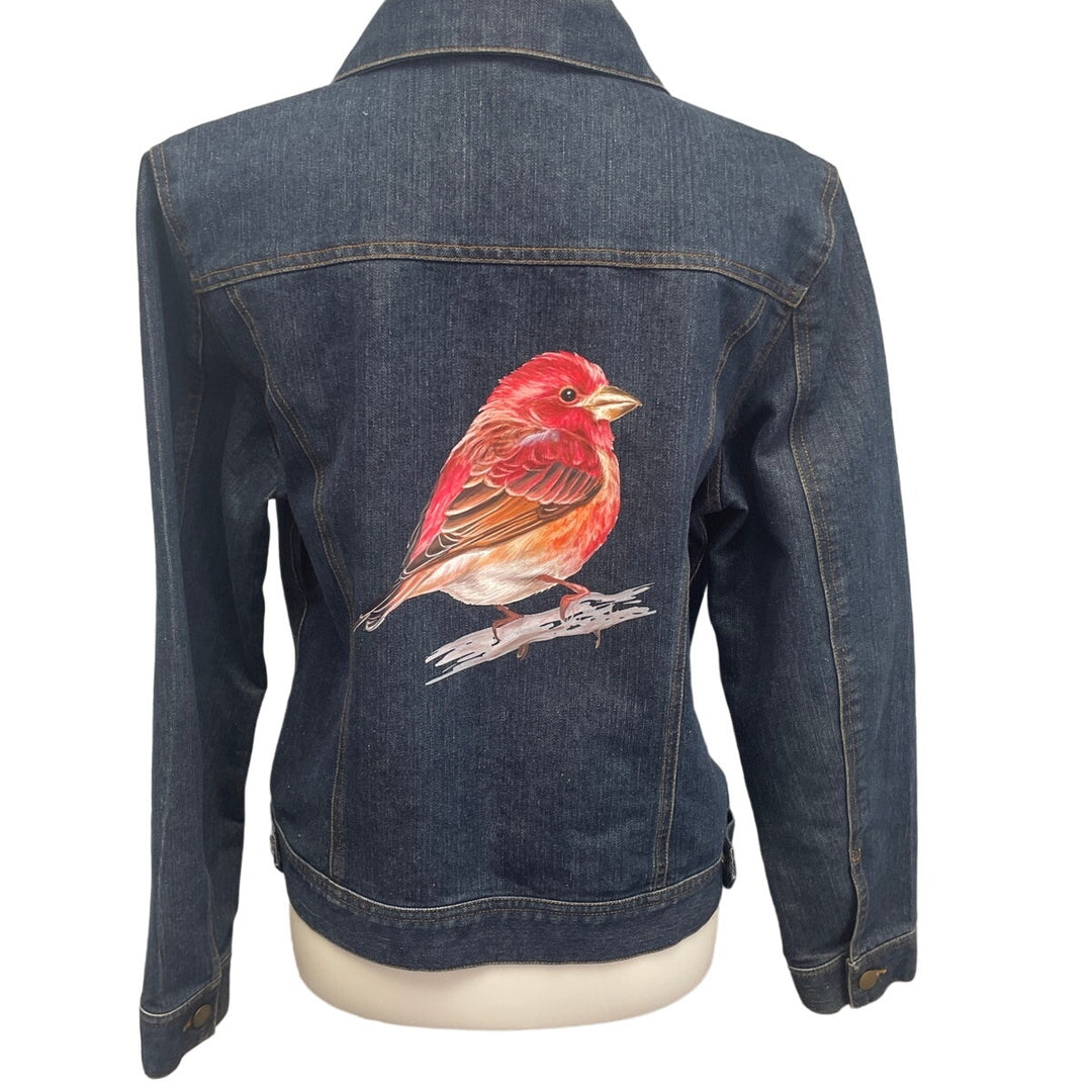 Hand Printed Upcycled Womens Large Red Finch Bird PolyCotton Denim Jean Jacket