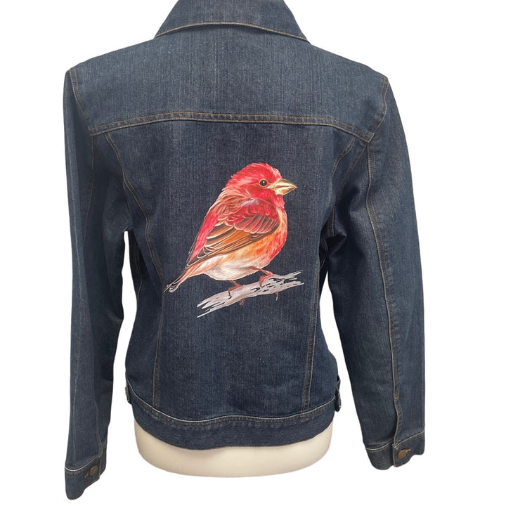 Hand Printed Upcycled Womens Large Red Finch Bird PolyCotton Denim Jean Jacket