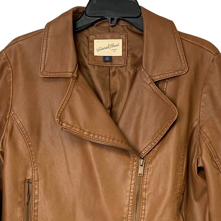 Universal Thread Womens Medium Brown Faux Leather Long Sleeve Cropped Jacket