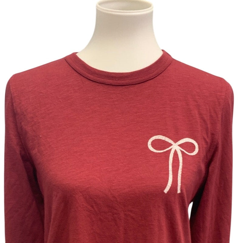 New Aerie Womens Small Red Long Sleeve PolyCotton Tee Shirt w White Ribbon