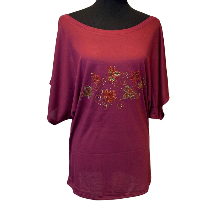 New Hand Printed Rhinestone Autumn Leaves Wine Batwing Dolman Blouse Top