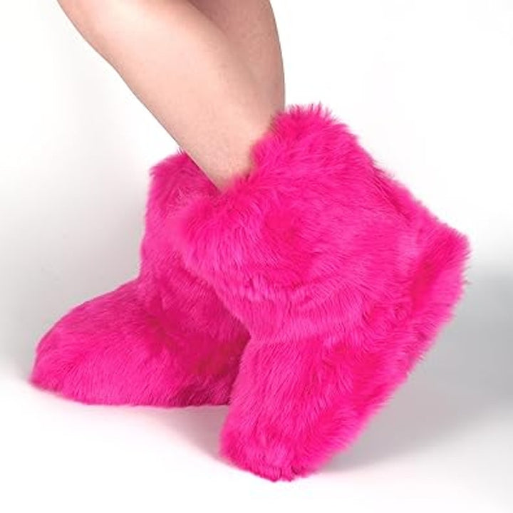 New Womens Size 9.5 Pink Faux Fur Boots Fuzzy Pull On Warm Winter Boot Shoes