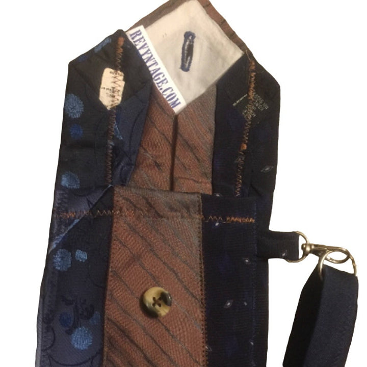 Handmade Upcycled Vintage Repurposed Blue Brown Neck Tie Wristlet Pouch Purse