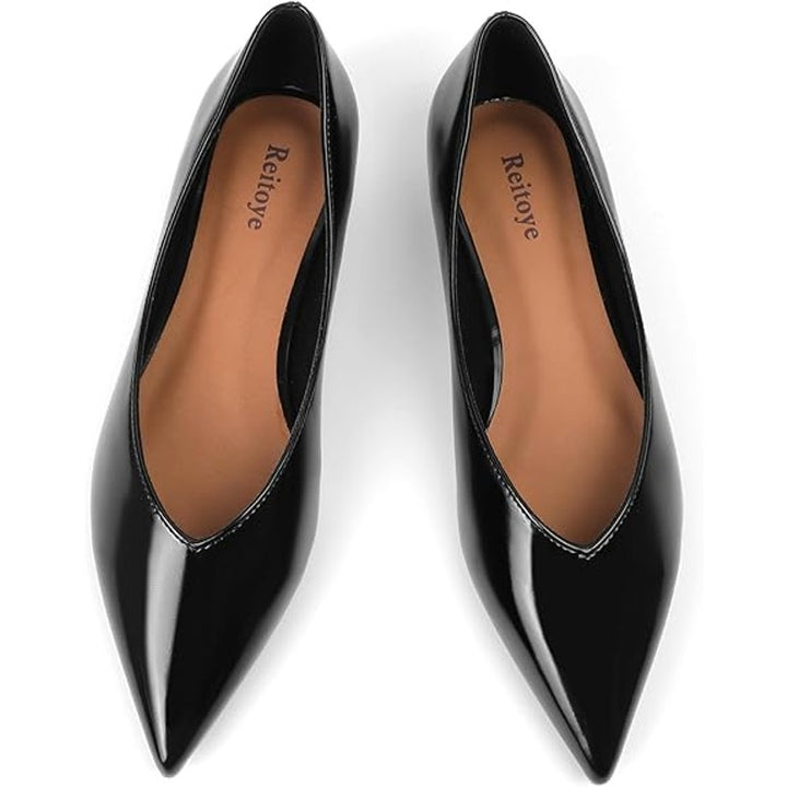 Reitoye Womens Size 8.5 Shiny Black Low Heel Slide On Pointed Toe Flats Shoes