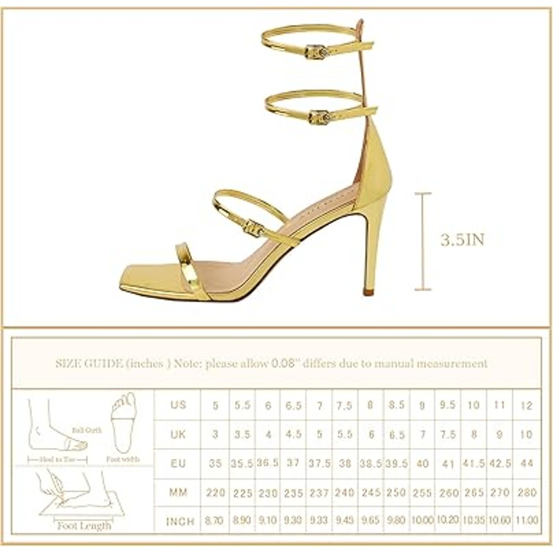 Comjuy Womens Size 7 Shiny Gold Strappy 3.5" High Heels Open Toe Wedding Shoes