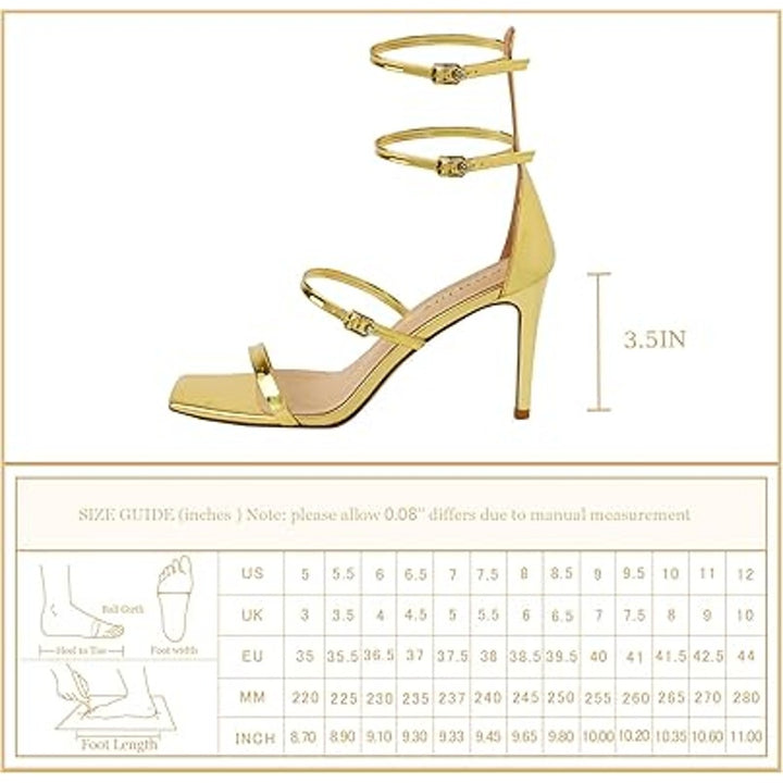 Comjuy Womens Size 7 Shiny Gold Strappy 3.5" High Heels Open Toe Wedding Shoes
