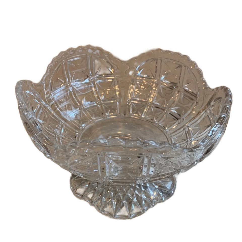 Vintage Cut Glass Flower Shaped Footed Candy Bowl Fancy Serving Dish