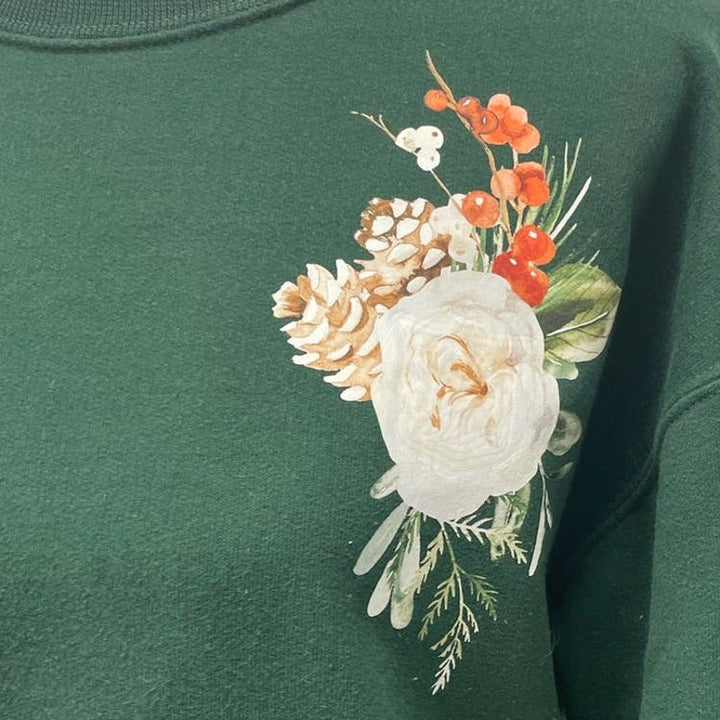Hand Printed Upcycled Womens Small Christmas Rose Floral Pine Cone Sweatshirt