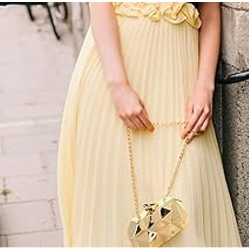 New Jadive Shiny Gold Metal Geometric Removeable Long Chain Evening Clutch Purse