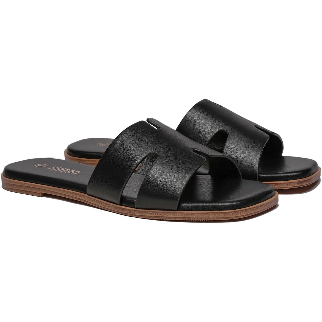 Rihero Womens Size 7 Black Sandals Flats Slip On Square Open Toe Slides Shoes
