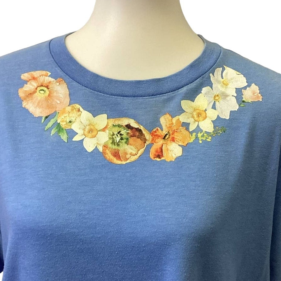 Hand Printed Upcycled Womens Large Daffodil Rose Flower Short Sleeve Tee Shirt