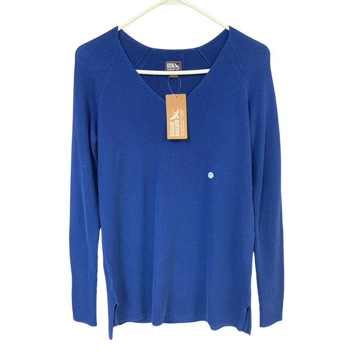 New Eddie Bauer Womens XS 100% Cotton Royal Blue LS Cascadia V Neck Sweater