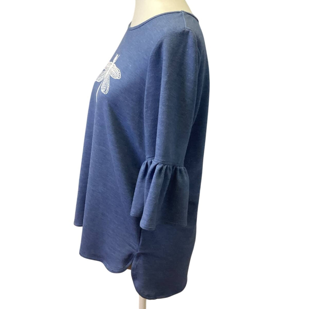 Hand Printed Upcycled Medium Dragonfly Crew Neck Ruffled Sleeve Hi Low Blouse