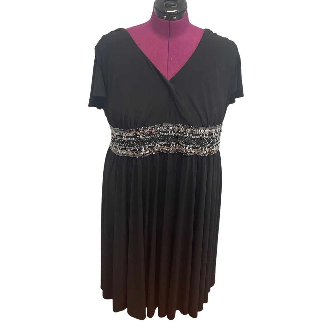 R&amp;M Richards Womens Plus Size 24W Short Sleeve Deep V Neck Beaded Waist Dress