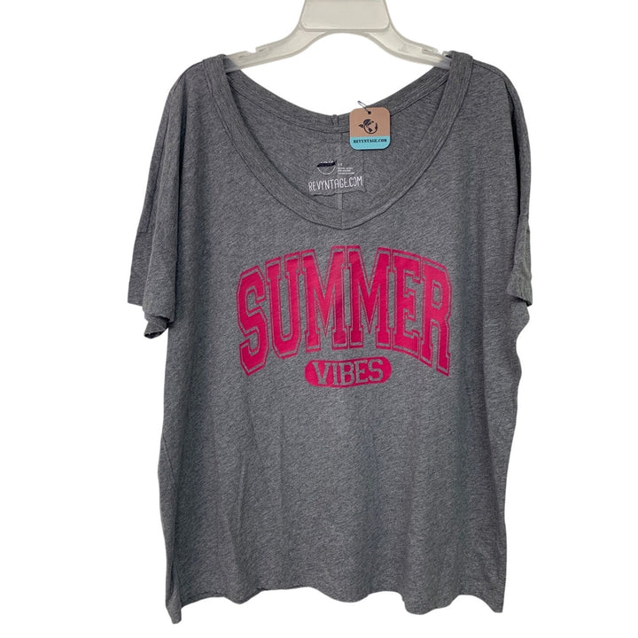 New Upcycled Hand Printed Womens Small Oversized Summer Vibes V- Neck Rugged Tee
