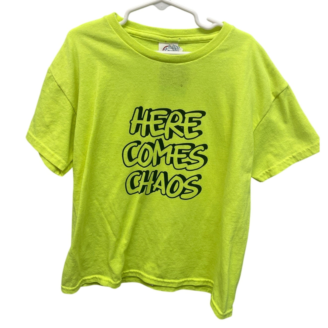 Hand Printed Upcycled Youth Medium Here Comes Chaos Neon Yellow Tee Shirt