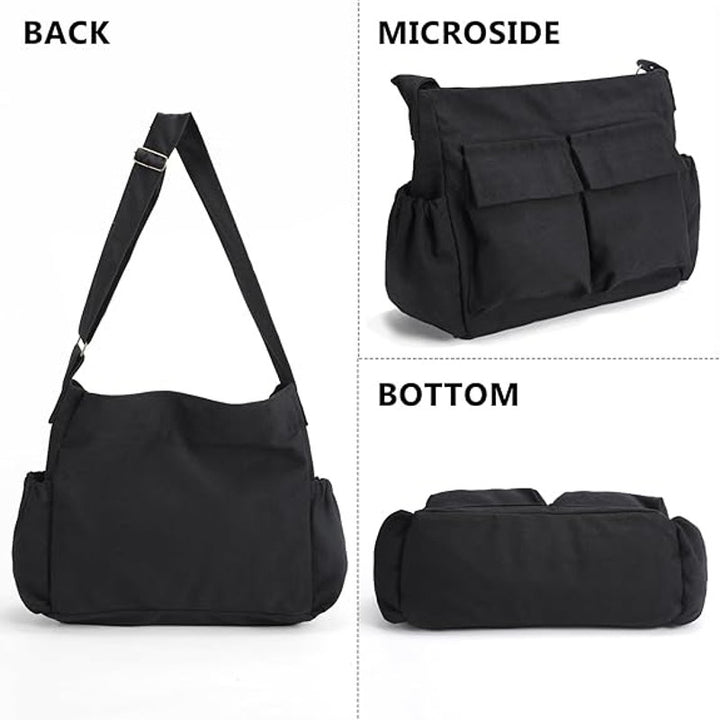 Vodiu Large Black Canvas Messenger Multi Pocket Adjustable Strap Crossbody Bag