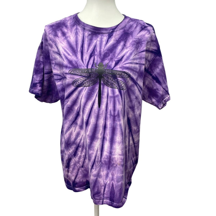 Hand Printed Upcycled Womens Large Dragonfly Short Sleeve Tie Dyed Tee T-Shirt