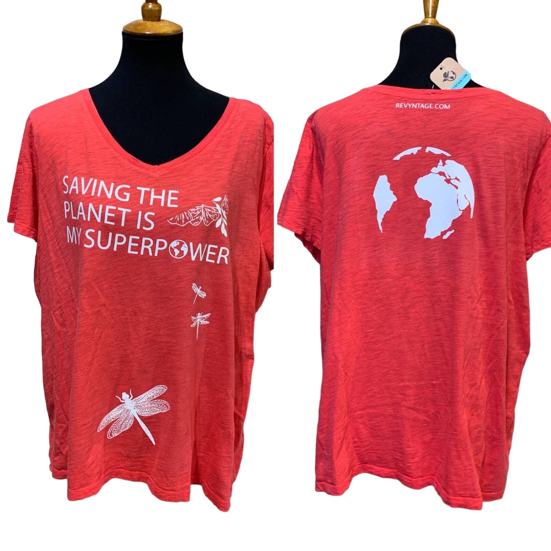 Hand Printed Upcycled Womens 2X Saving the Planet is My Superpower Dragonfly Tee