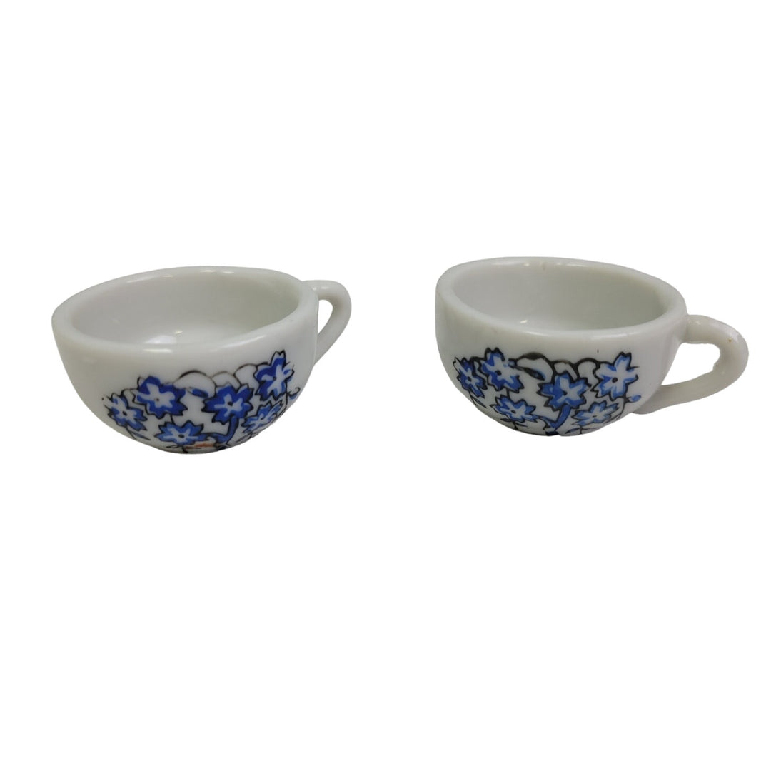 Vintage Mini Ceramic Doll Teapot Teacup Plates Creamer Cups Blue Floral Set