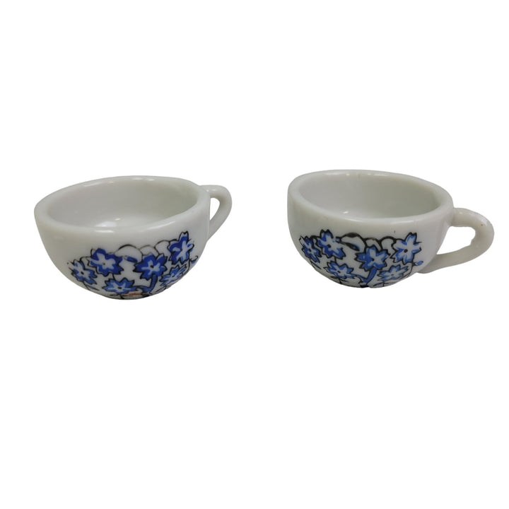 Vintage Mini Ceramic Doll Teapot Teacup Plates Creamer Cups Blue Floral Set