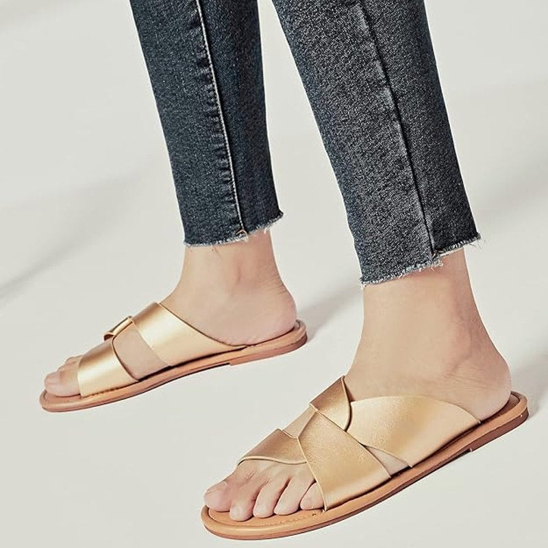 Luoika Womens Size 9W Wide Gold Criss Cross Flat Slide On Sandal Strappy Shoes